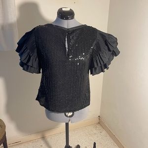 Vintage Sequin black shirt ruffle sleeve blouse